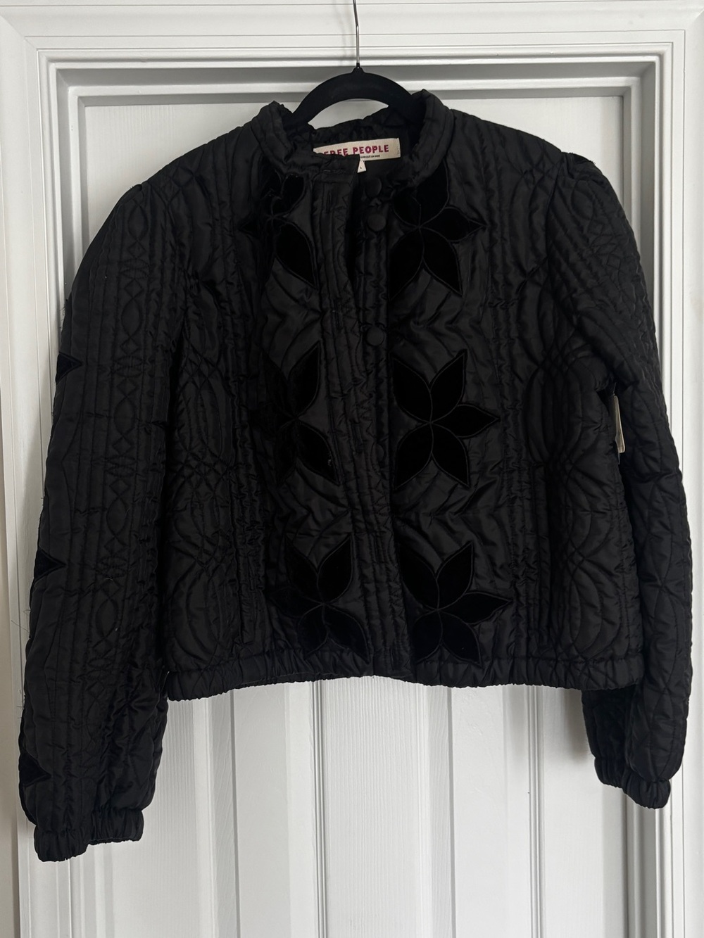 Free People Black Quilted Jacket with Velvet Floral Appliqué